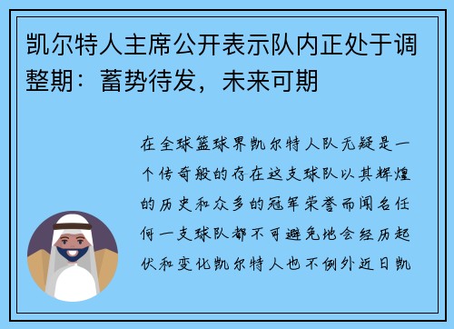 凯尔特人主席公开表示队内正处于调整期：蓄势待发，未来可期